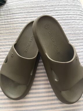 Tory Burch Olive Slide Sandals with Perforated Footbed